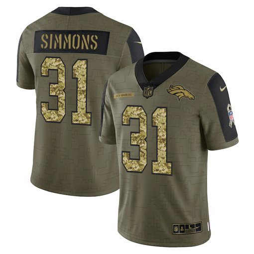 Men's Denver Broncos #31 Justin Simmons 2021 Olive Camo Salute To Service Limited Stitched Jersey Men's Denver Broncos #31 Justin Simmons 2021 Olive Camo Salute To Service Limited Stitched Jersey